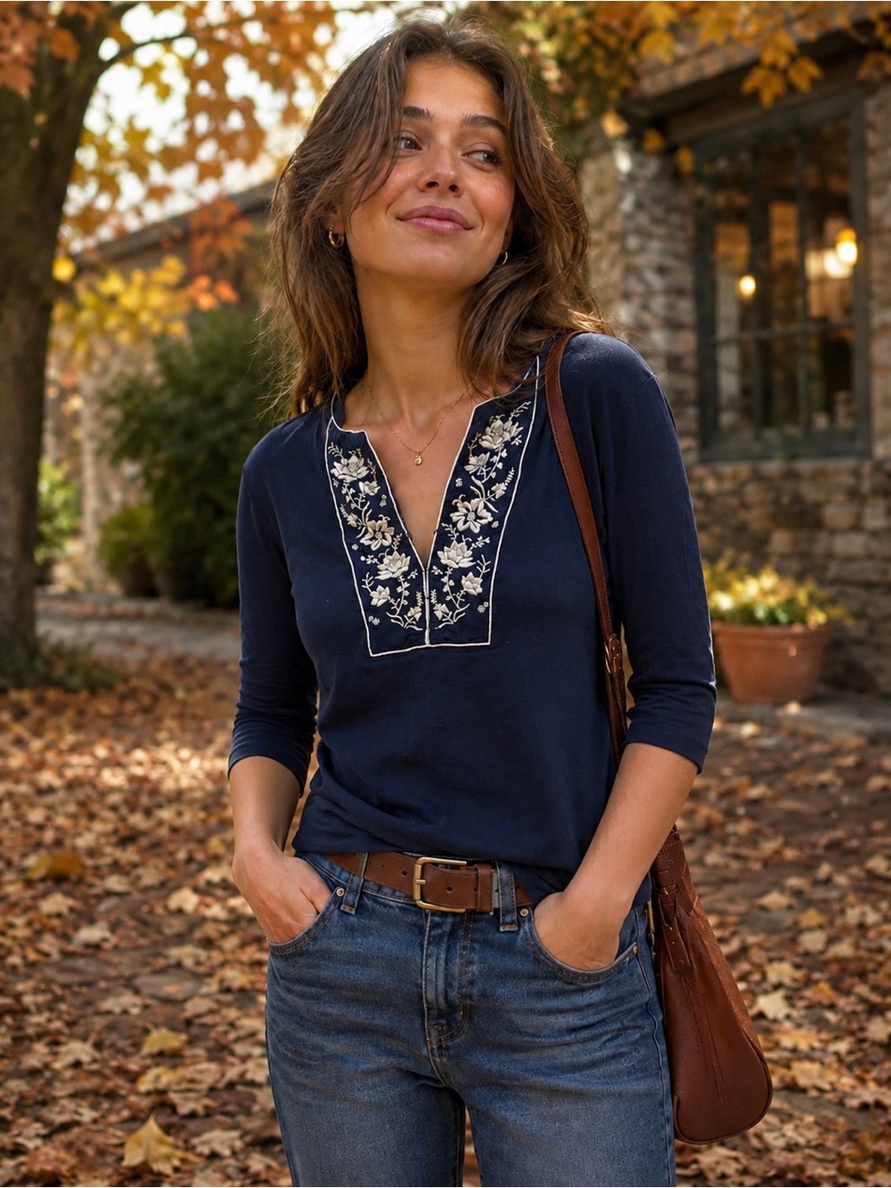 Embroidered Navy V-Neck Women's Top